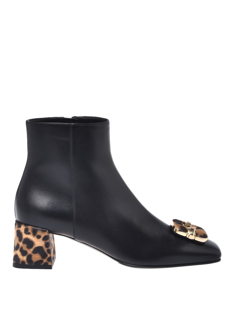 Botine din piele cu toc si detalii cu animal print