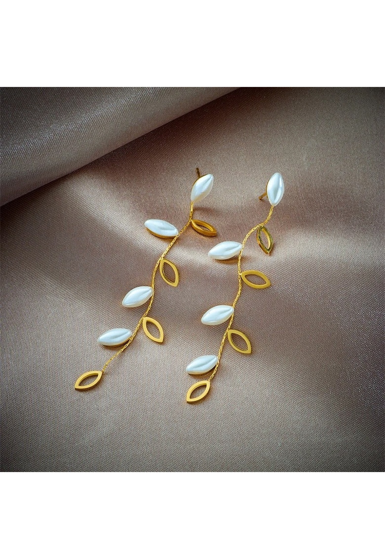 Cercei aurii - lungi - din otel inoxidabil - forma de frunzulite - suflati cu aur 18k - Denys C5