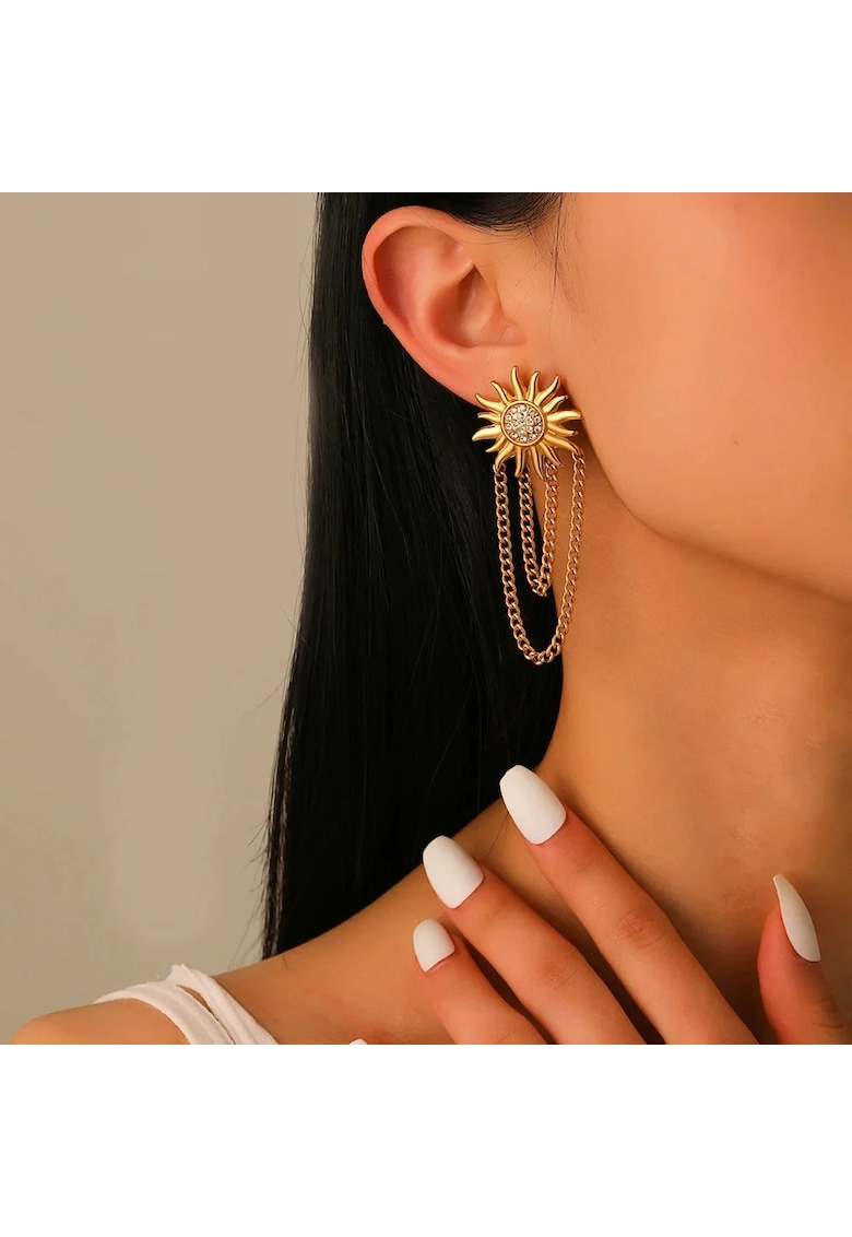 Cercei aurii - din otel inoxidabil - forma de soare - cu pietricele si lanturi - suflati cu aur 18k - Detmer C5
