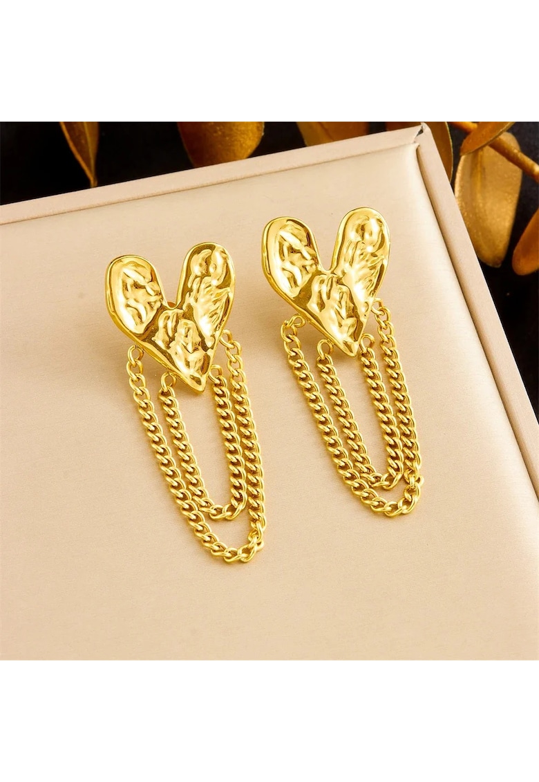 Cercei aurii - din otel inoxidabil - forma de inimioare - cu lanturi - suflati cu aur 18k - Devin C5