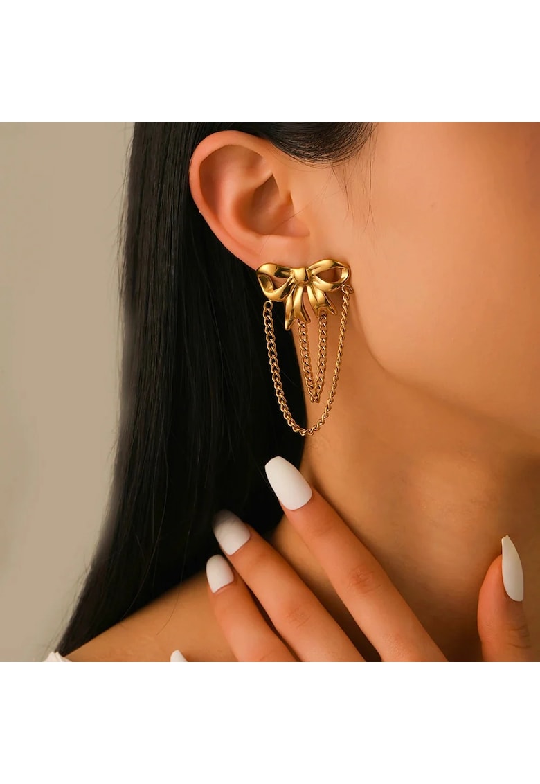 Cercei aurii - din otel inoxidabil - forma de fundite - cu lanturi - suflati cu aur 18k - Devan C5