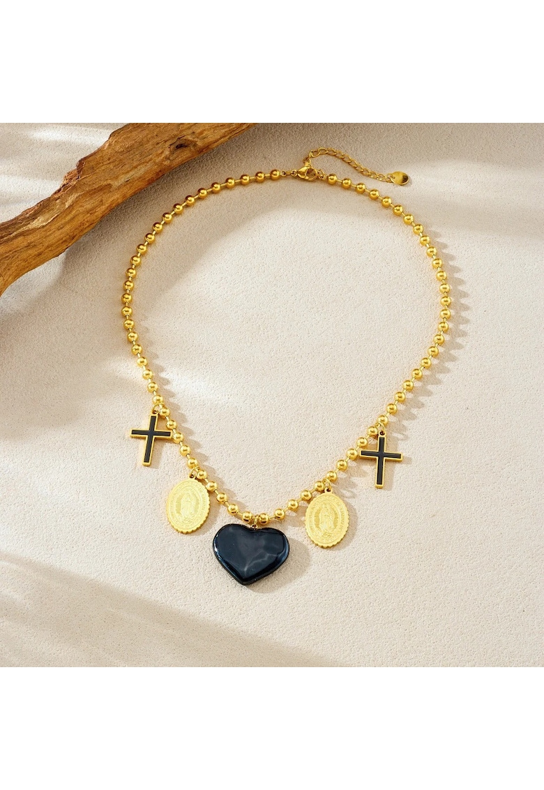 Colier inox suflat cu aur 18k - inima neagra - cruciulite - 40x6cm