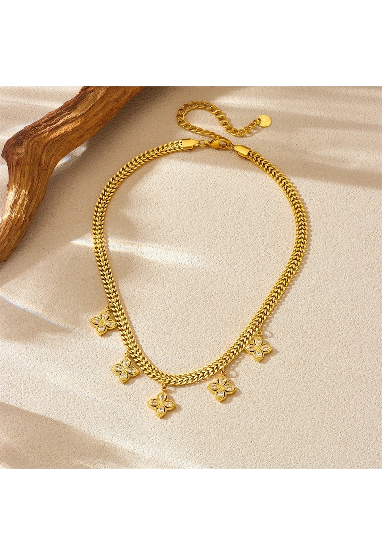 Colier auriu din inox cu floricele și pietre - 34x9cm - rezistent la ap