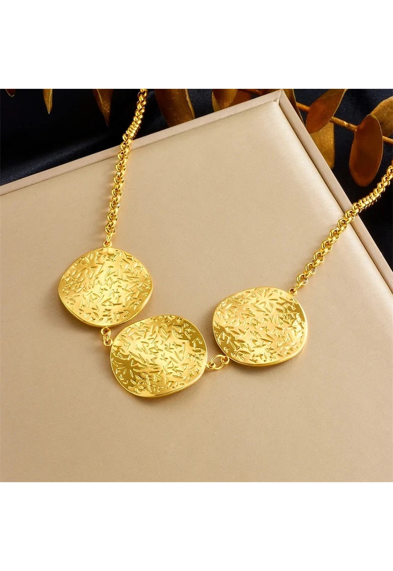 Colier aurit - inox - piese rotunde texturate - + ajustabil - rezistent la ap