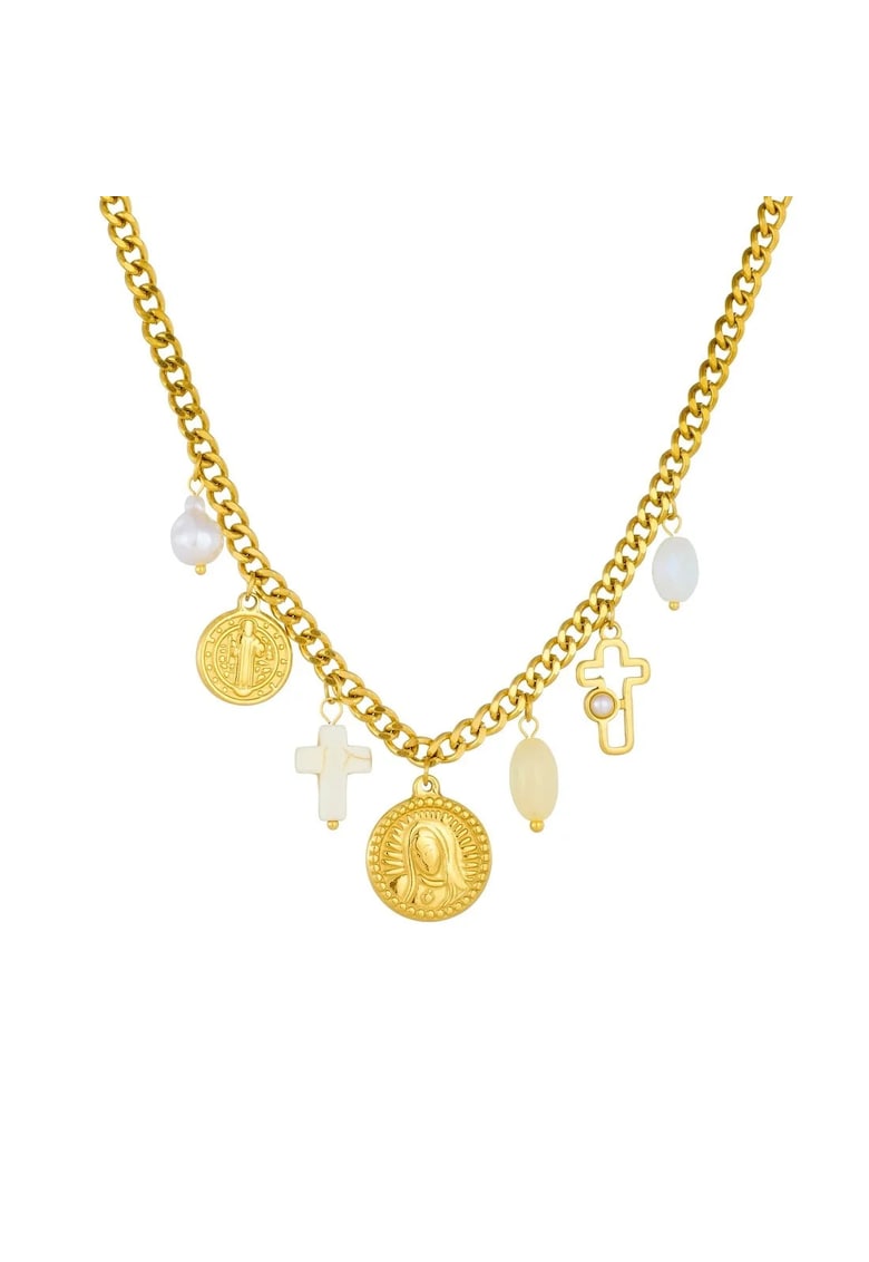 Colier aurit din inox cu pandantive rotunde și cruciulițe - 41x6cm - 31g