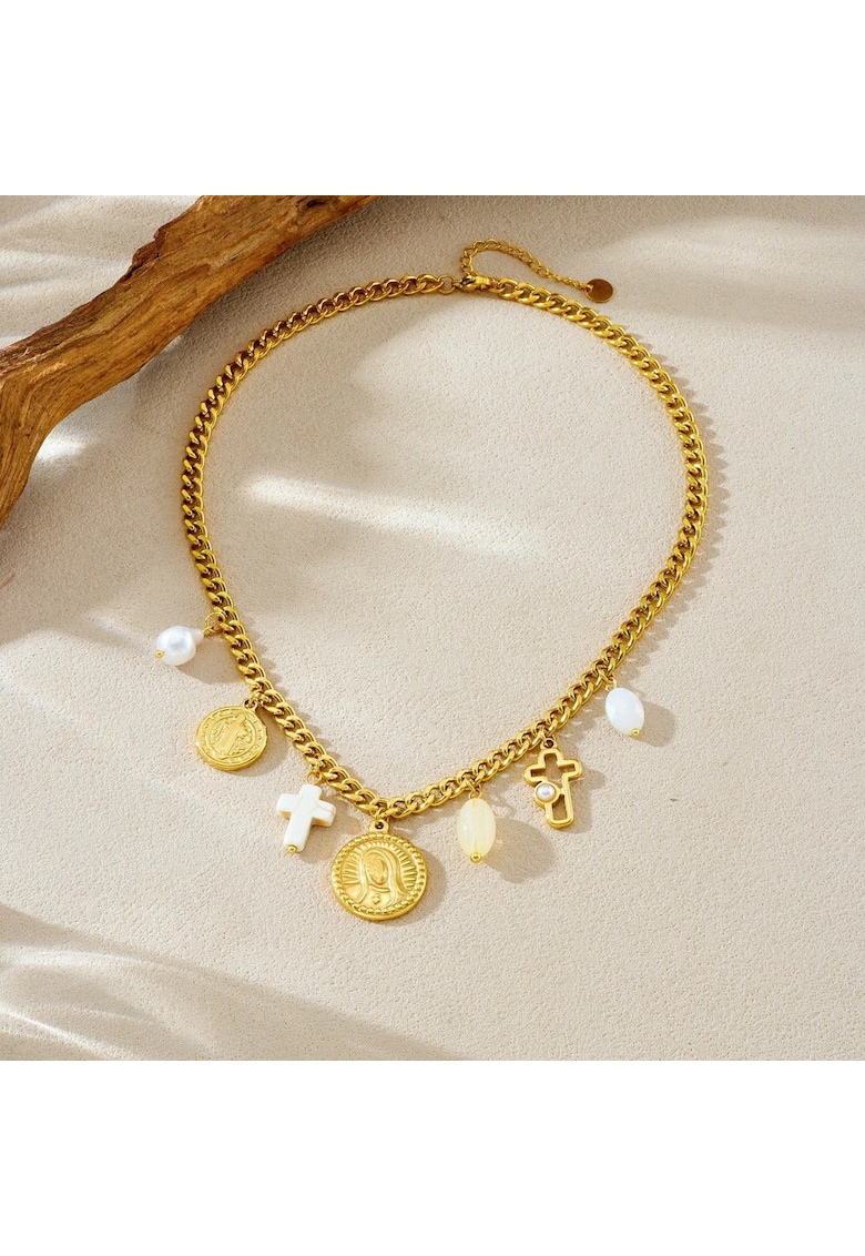 Colier aurit din inox cu pandantive rotunde și cruciulițe - 41x6cm - 31g