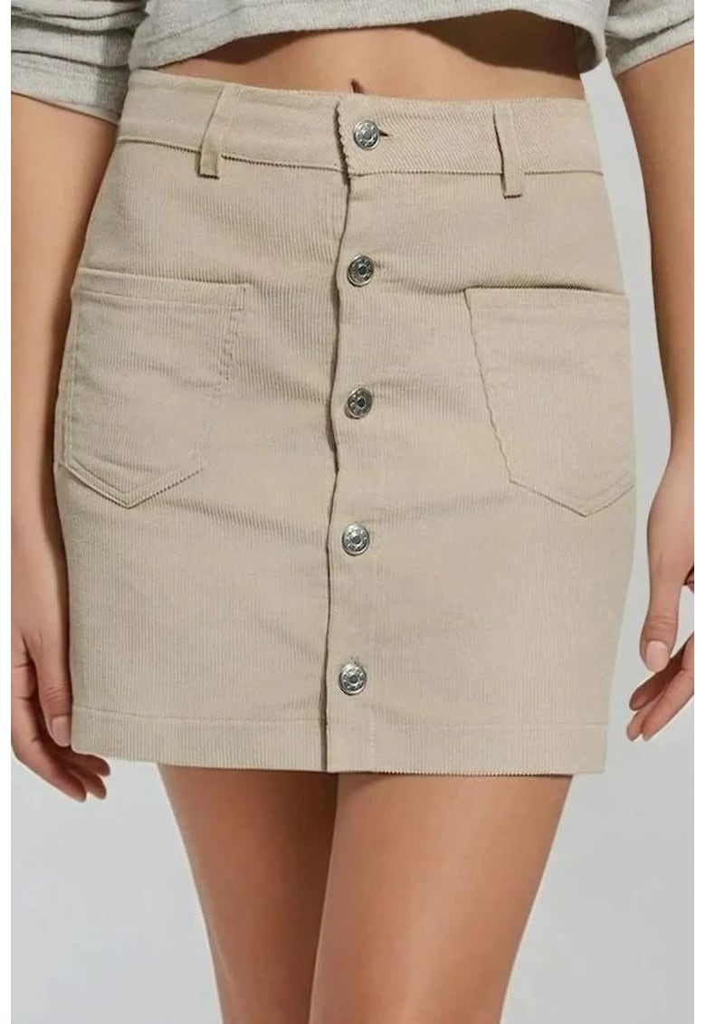 Fusta mini dreapta talie inalta - inchidere cu nasturi - bej/ natural - textil