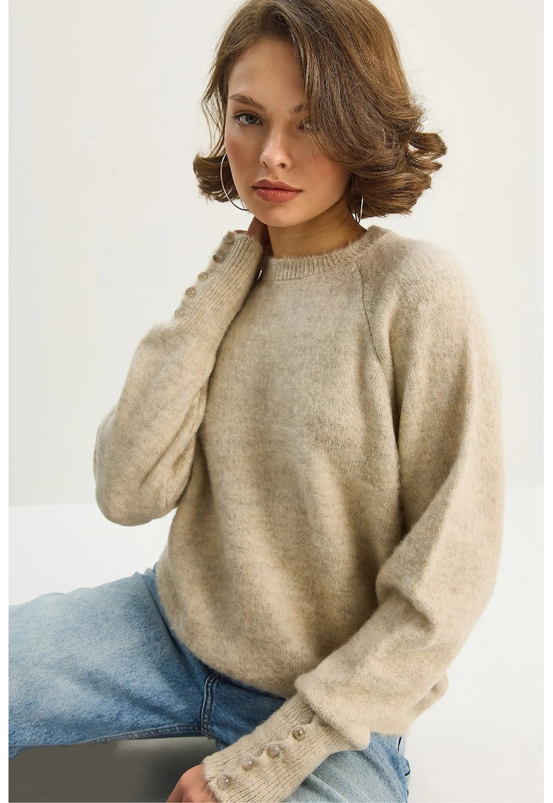 Pulovere dama - tricotat gros cu nasturi - Tricot - Bej Natural -