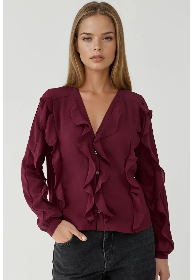 Bluza dama - camasa boema cu volane si guler - rosu-burgundia - textil