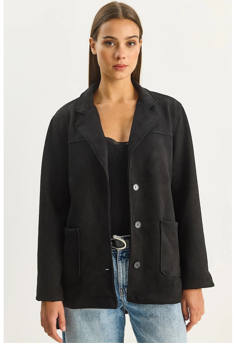 Geaca Bianco Lucci din imitatie de piele intoarsa - neagra - cu nasturi - pentru femei