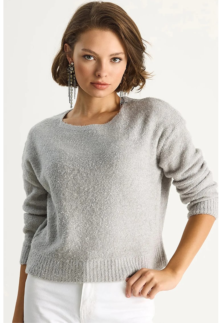 Pulovere dama - tricotat - maneca lunga - guler rotund - gri -