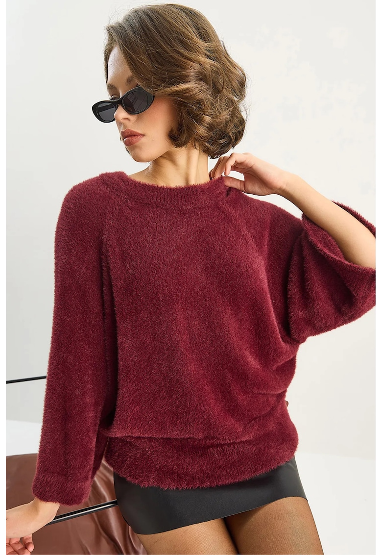 Pulovere dama - pulover tricotat texturat - guler rotund - rosu burgund -