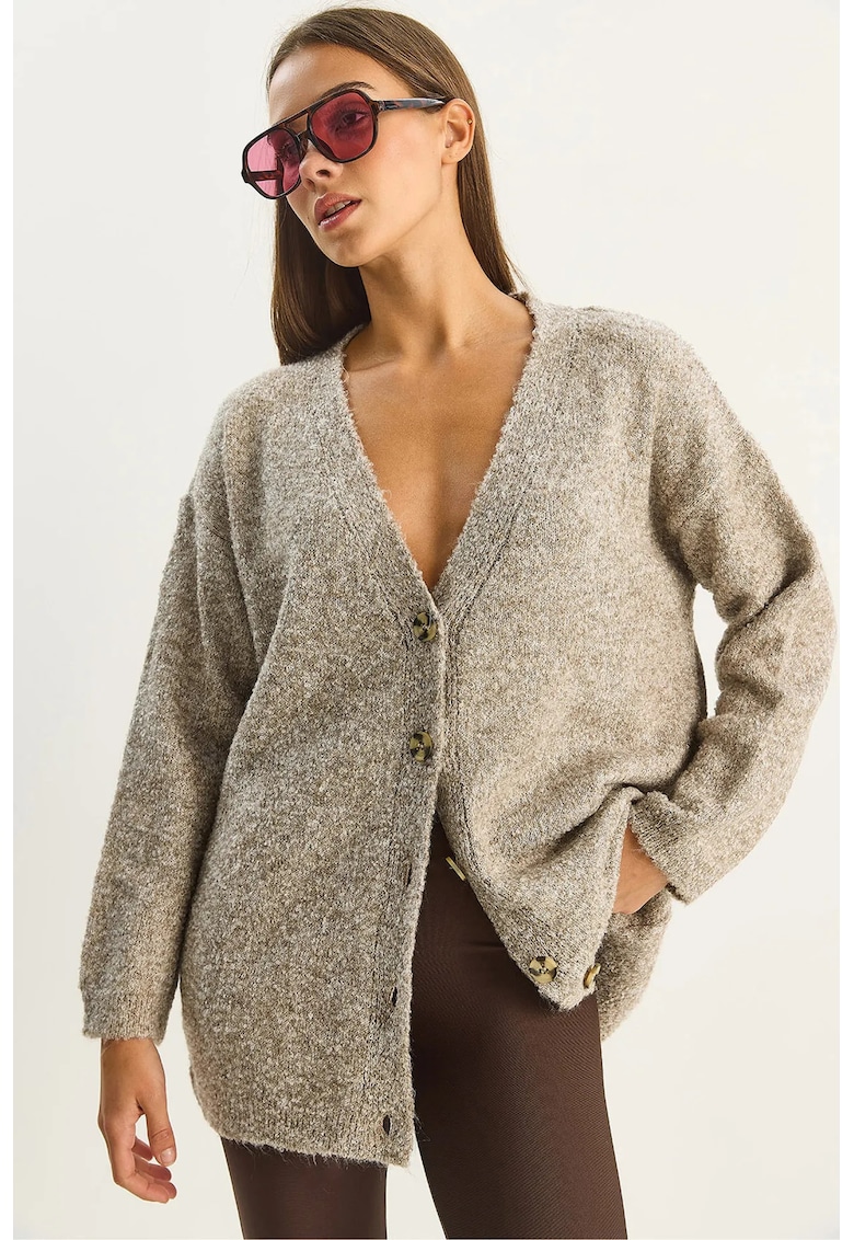 Cardigan texturat - decolteu in V - nasturi - bej natural - tricot -