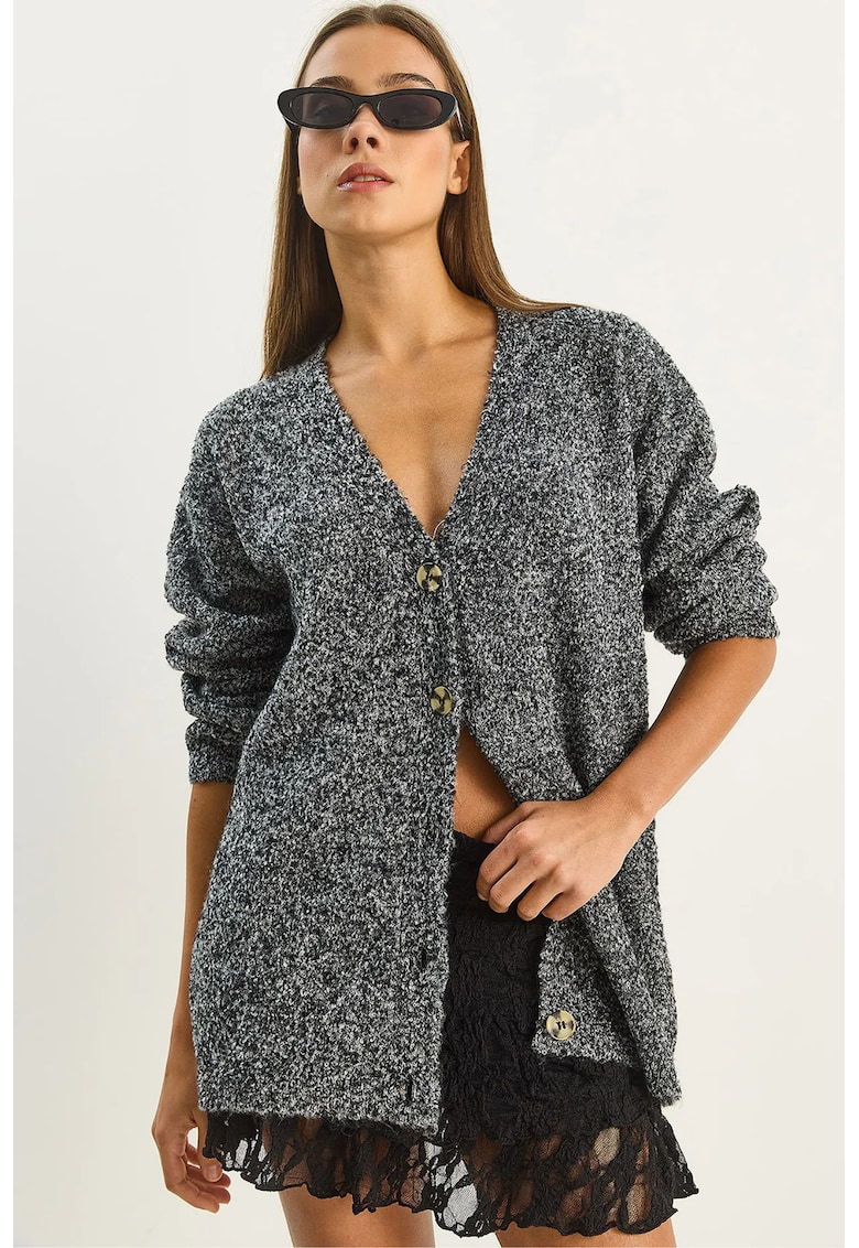 Pulover dama - cardigan cu nasturi - decolteu in V - gri - tricot -