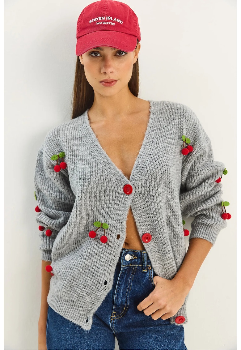 Cardigan dama - tricotat - broderie fructe - gri - tricot -