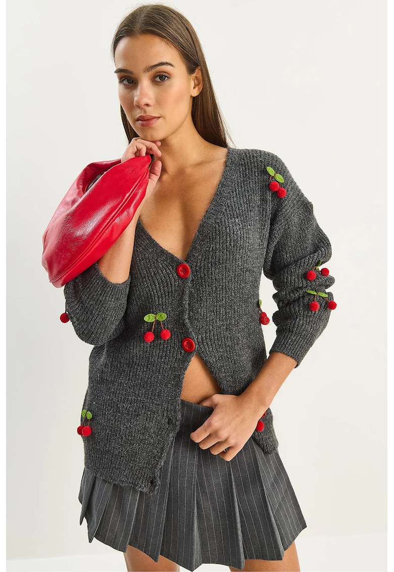 Cardigan tricotat - broderie fructe - gri carbune - tricot -
