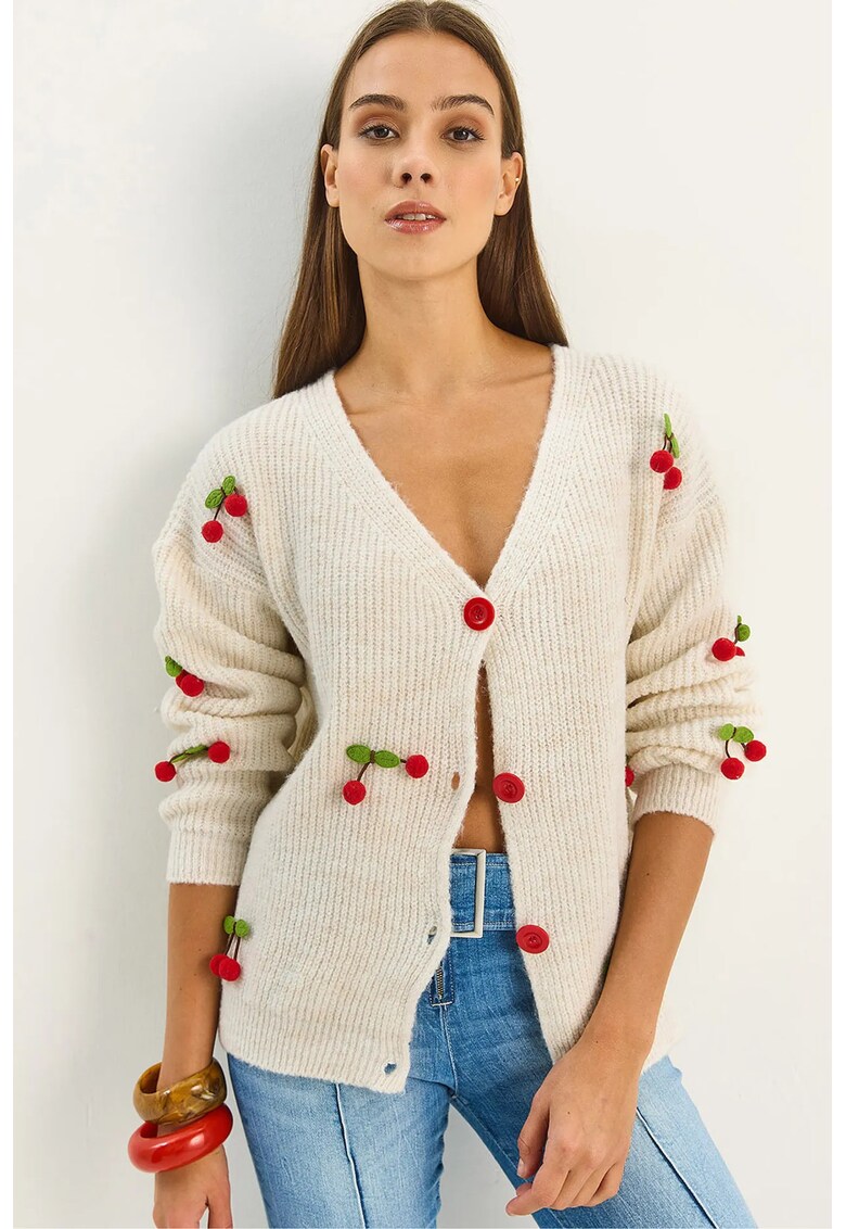 Pulover dama - cardigan tricotat - decolteu in V - broderie fructe - ivory -