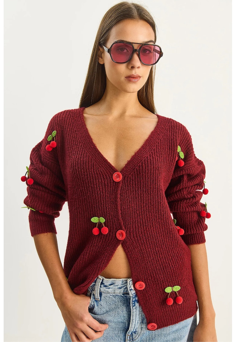 Pulover dama - cardigan tricotat - decolteu in V - rosu burgundi - tricot -