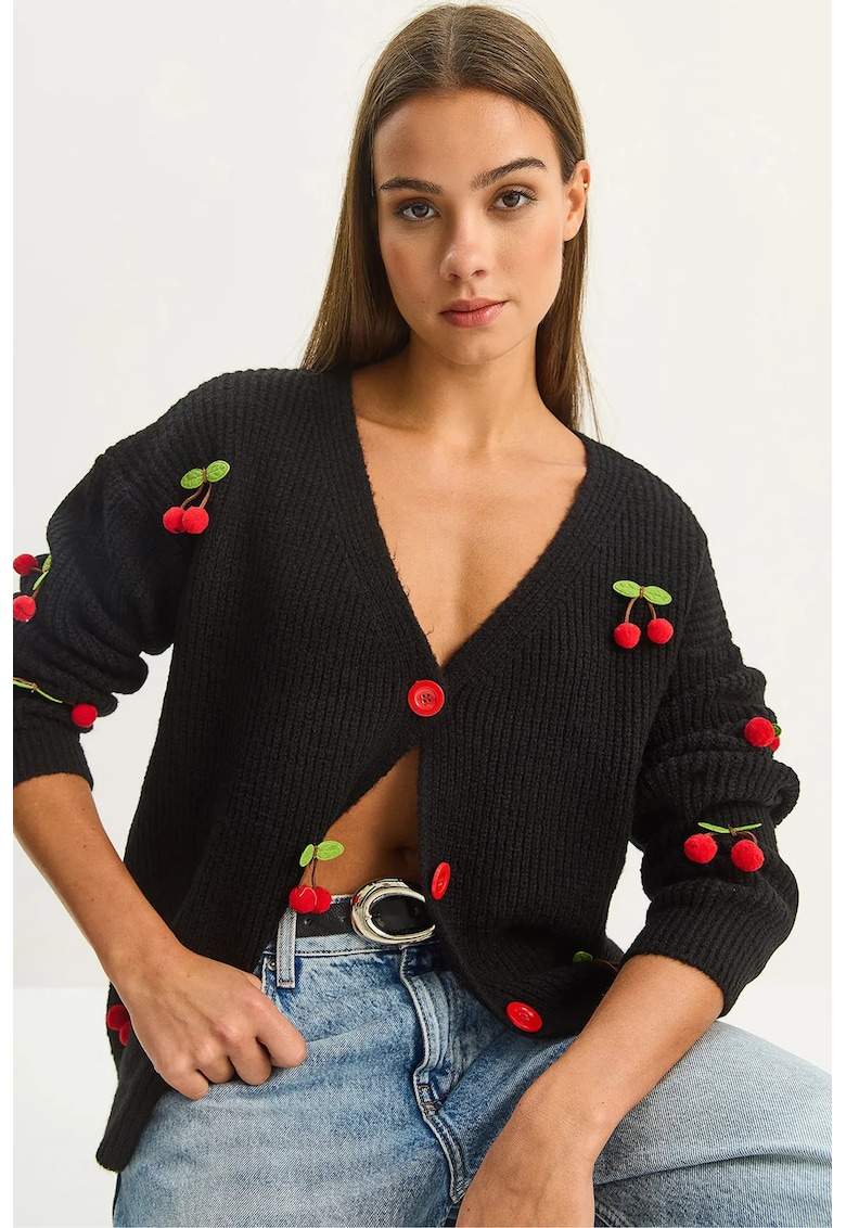 Cardigan dama - tricotat cu broderie fructe - negru - tricot -