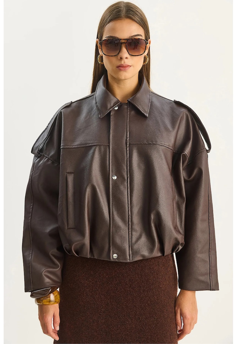 Geaca scurta supradimensionata Bianco Lucci din piele ecologica - maro