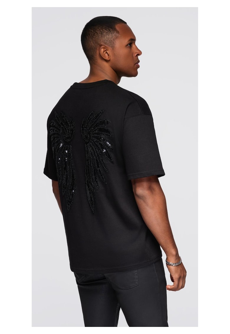 Tricou de bumbac cu motiv de aripi din monede pe spate OM-TSCT-0289 - Negru