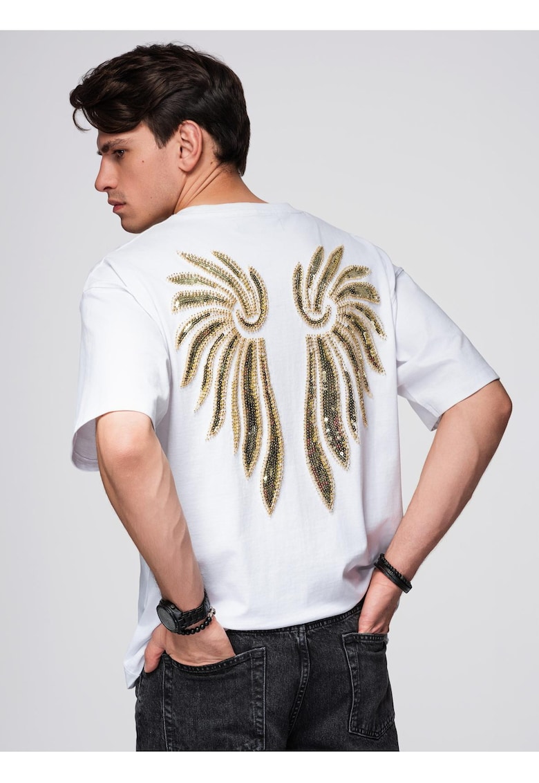 Tricou de bumbac cu motiv de aripi din monede pe spate OM-TSCT-0289 - Alb murdar