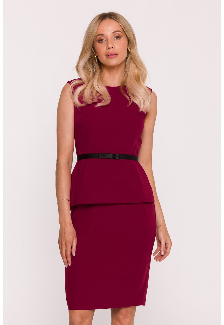 Rochie creion cu curea si basca - burgundy - Visiniu