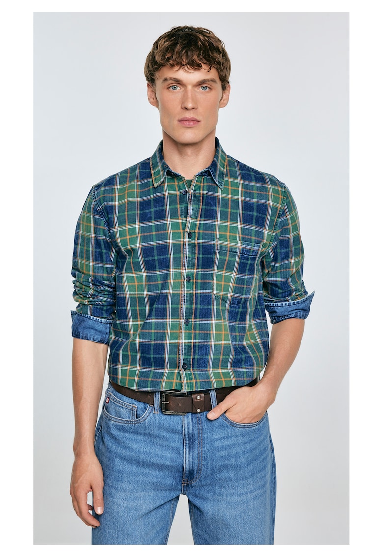 Camasa din bumbac cu model in carouri si guler ascutit