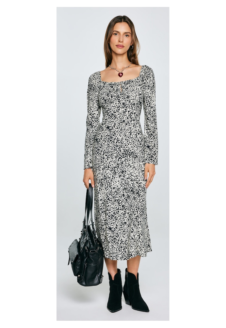 Rochie midi cu imprimeu si decolteu patrat Kiara