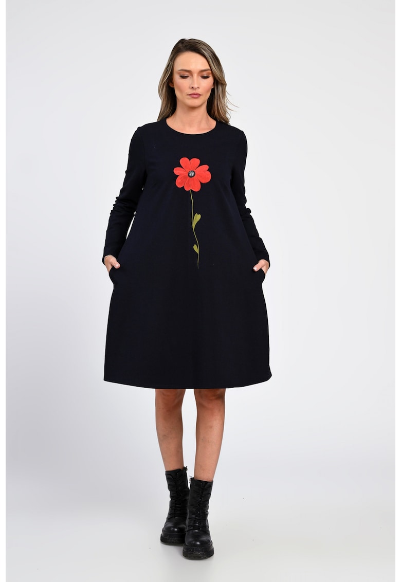 Rochie Dama - A-Line - cu Buzunare Laterale si Pictura Realizata Manual V364 - Bleumarin