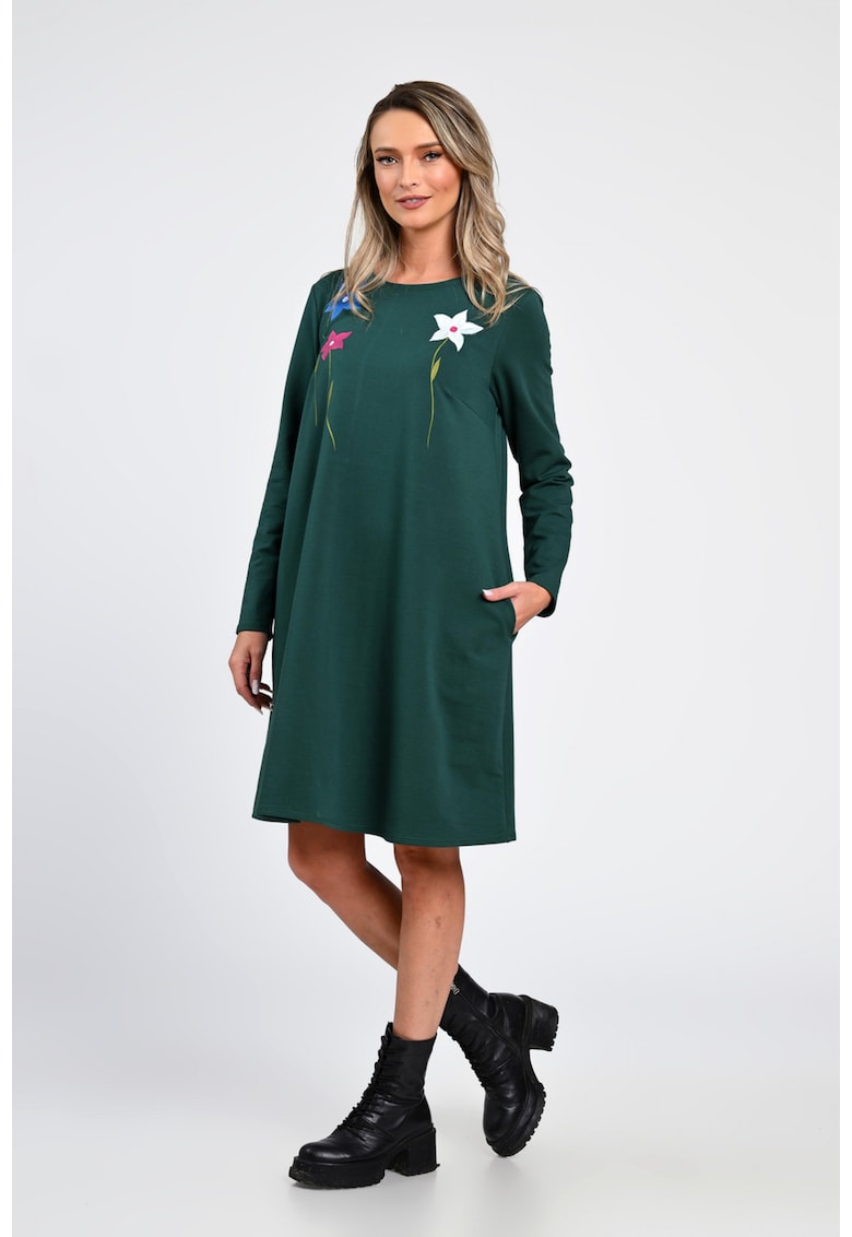 Rochie Dama - A-Line - cu Buzunare Laterale si Pictura Realizata Manual V363 - Verde