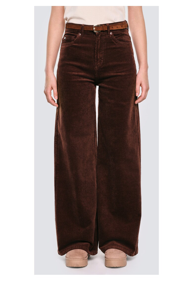 Pantaloni din reiat cu croiala ampla si talie inalta