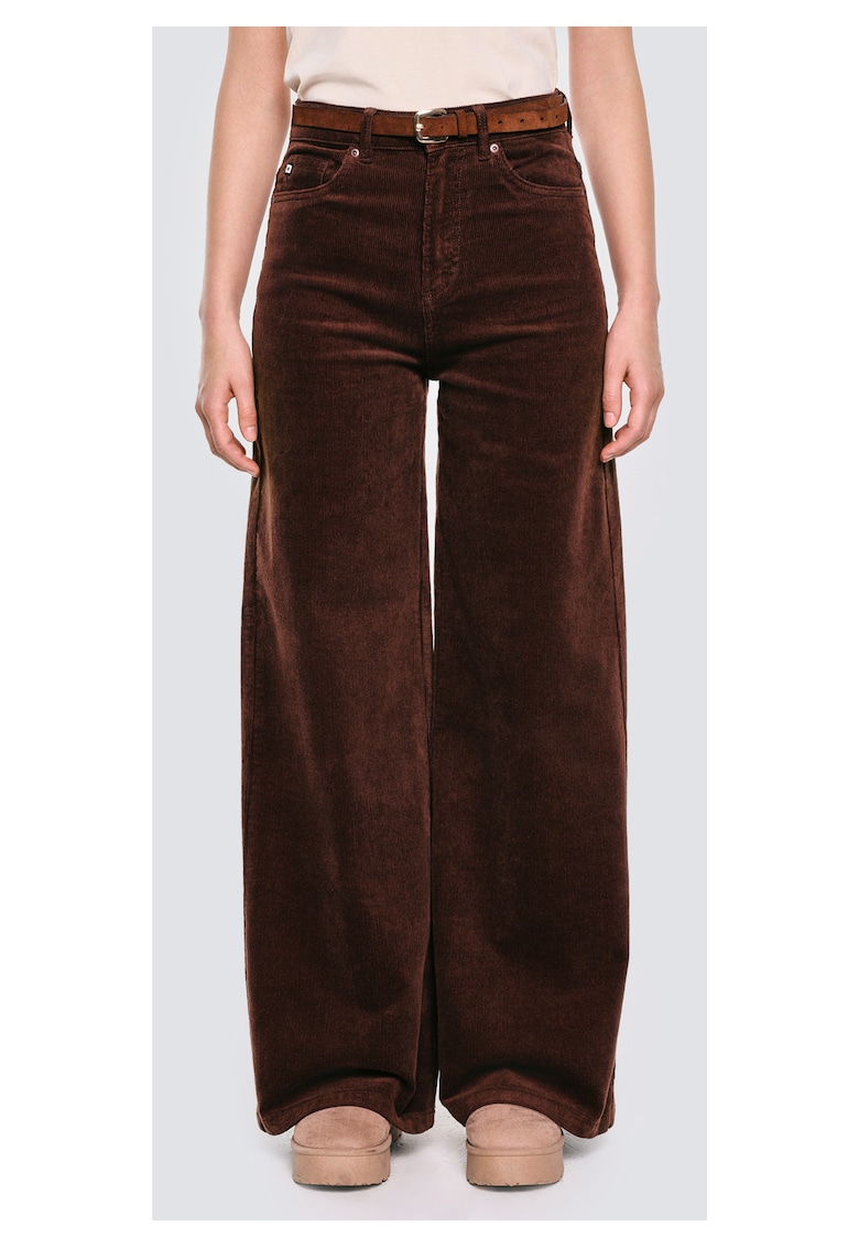 Pantaloni din reiat cu croiala ampla si talie inalta -