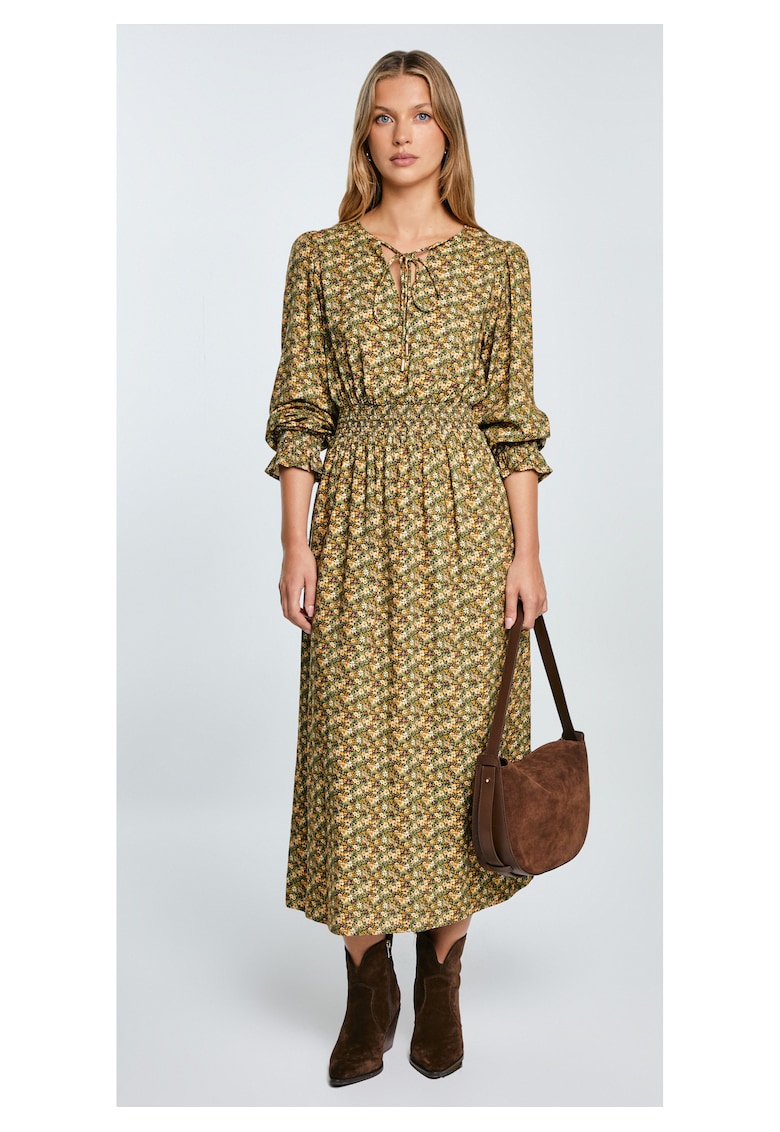 Rochie midi cu imprimeu floral si decolteu in V -