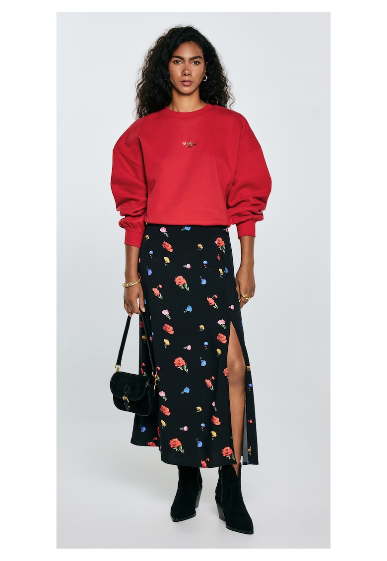 Fusta midi cu imprimeu floral si talie medie