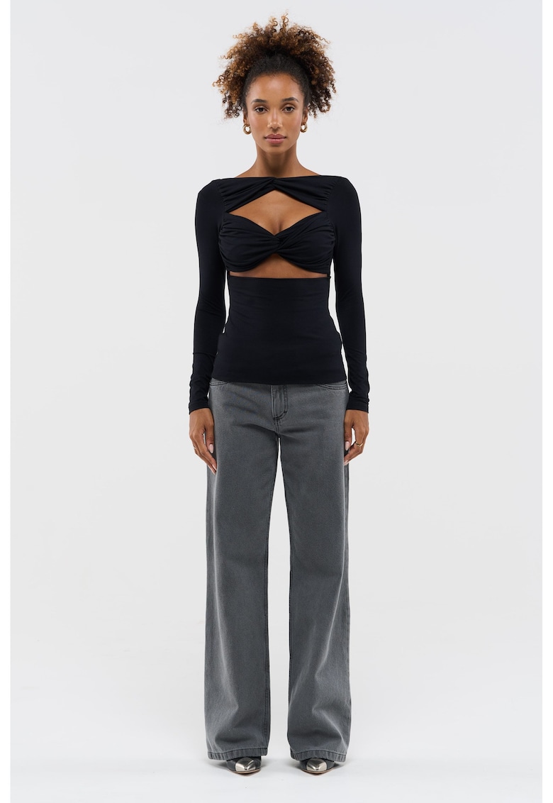 Bluza din amestec de modal - cu guler inalt si fronseuri - Negru