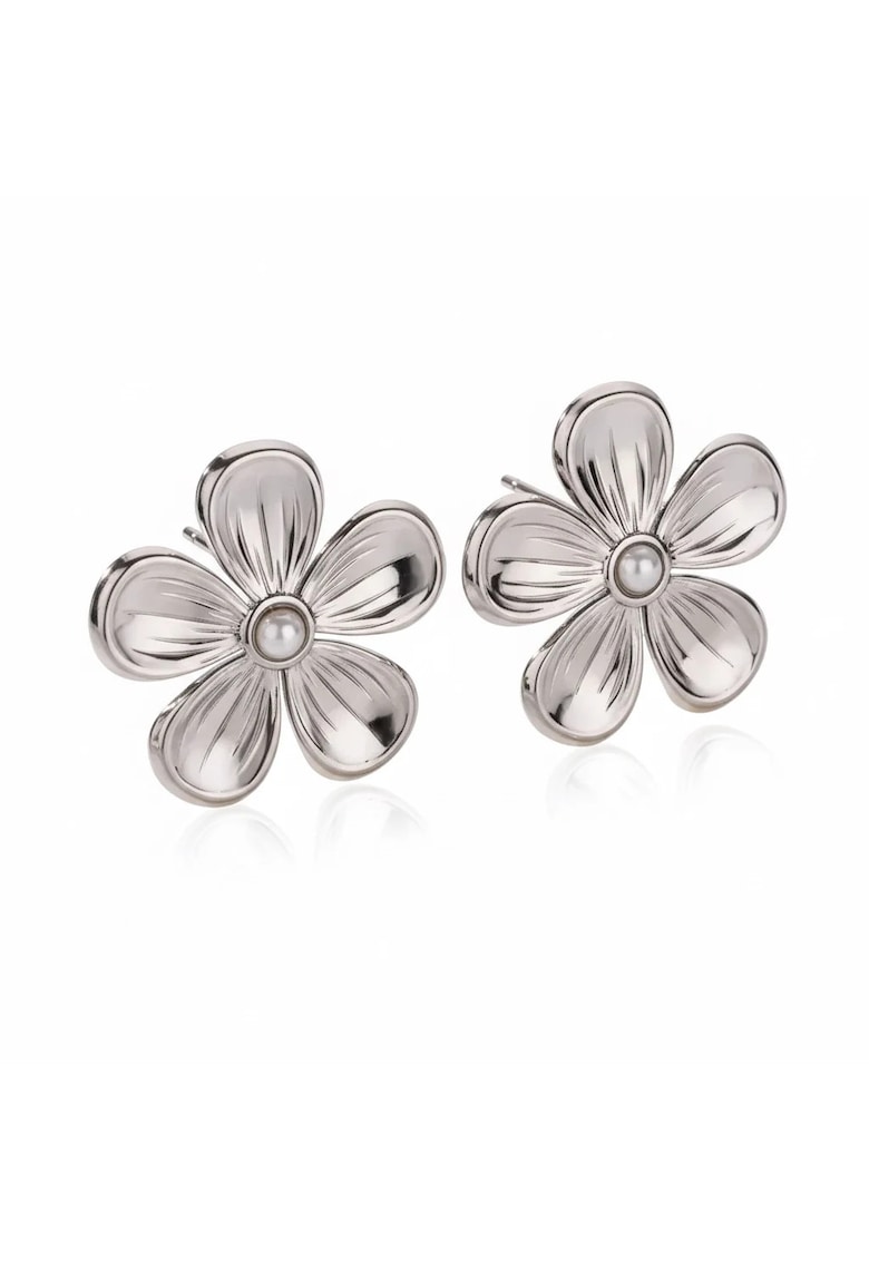 Cercei formă de floare - cu perlute - argintii - suflati cu aur 18k - 3x3cm