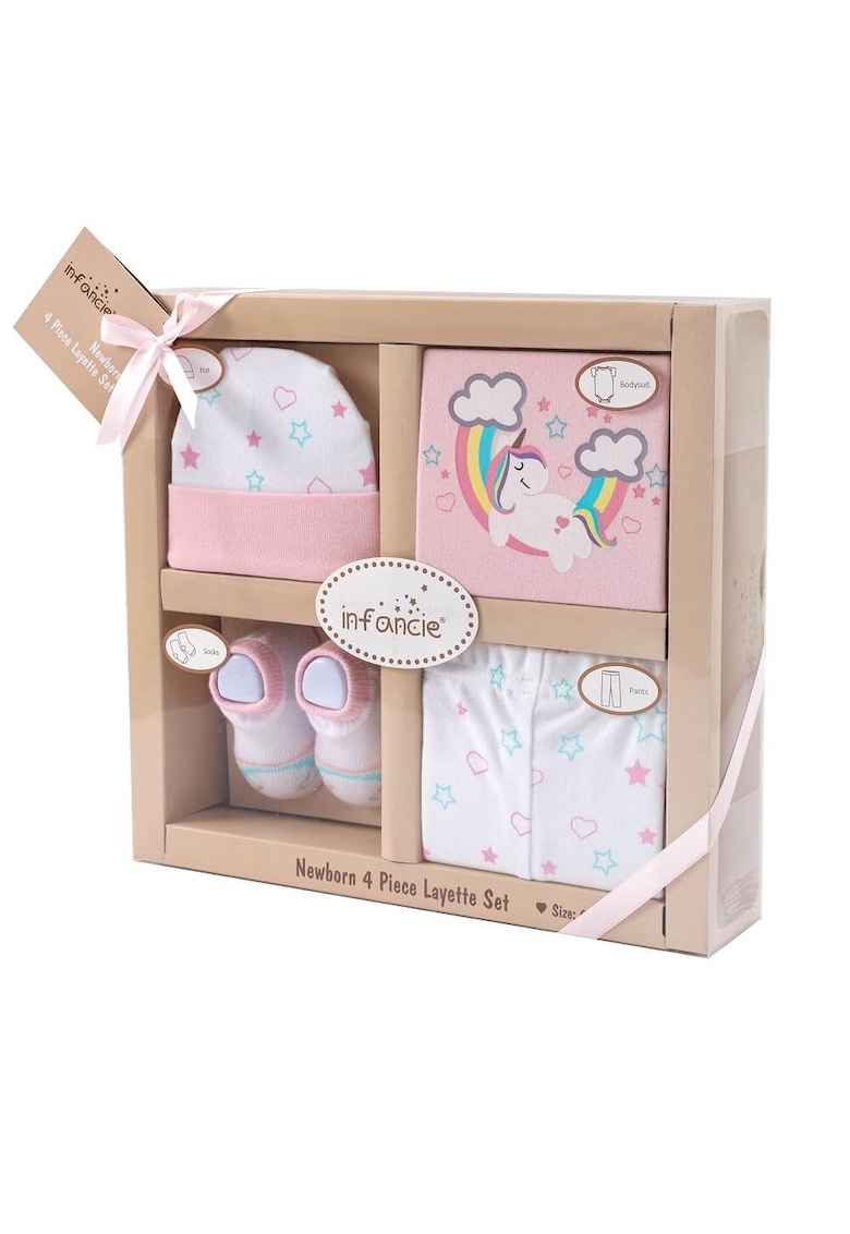 Set cadou nou nascuti - 4 piese din bumbac - model unicorn -