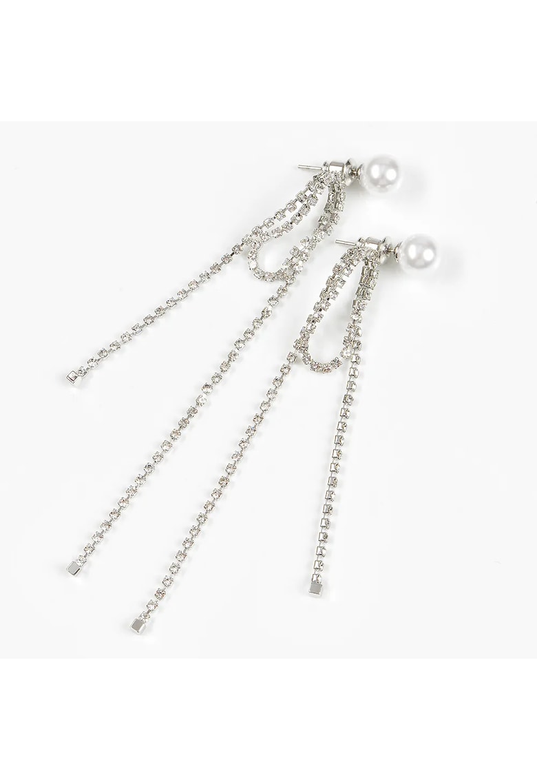 Cercei lungi argintii cu perla si lanturi delicate - Paris