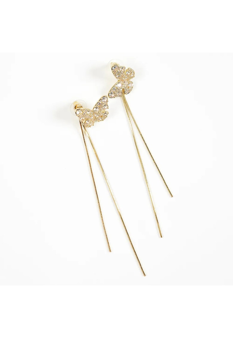 Cercei eleganti fluturi aurii cu strasuri si lanturi lungi - Paris