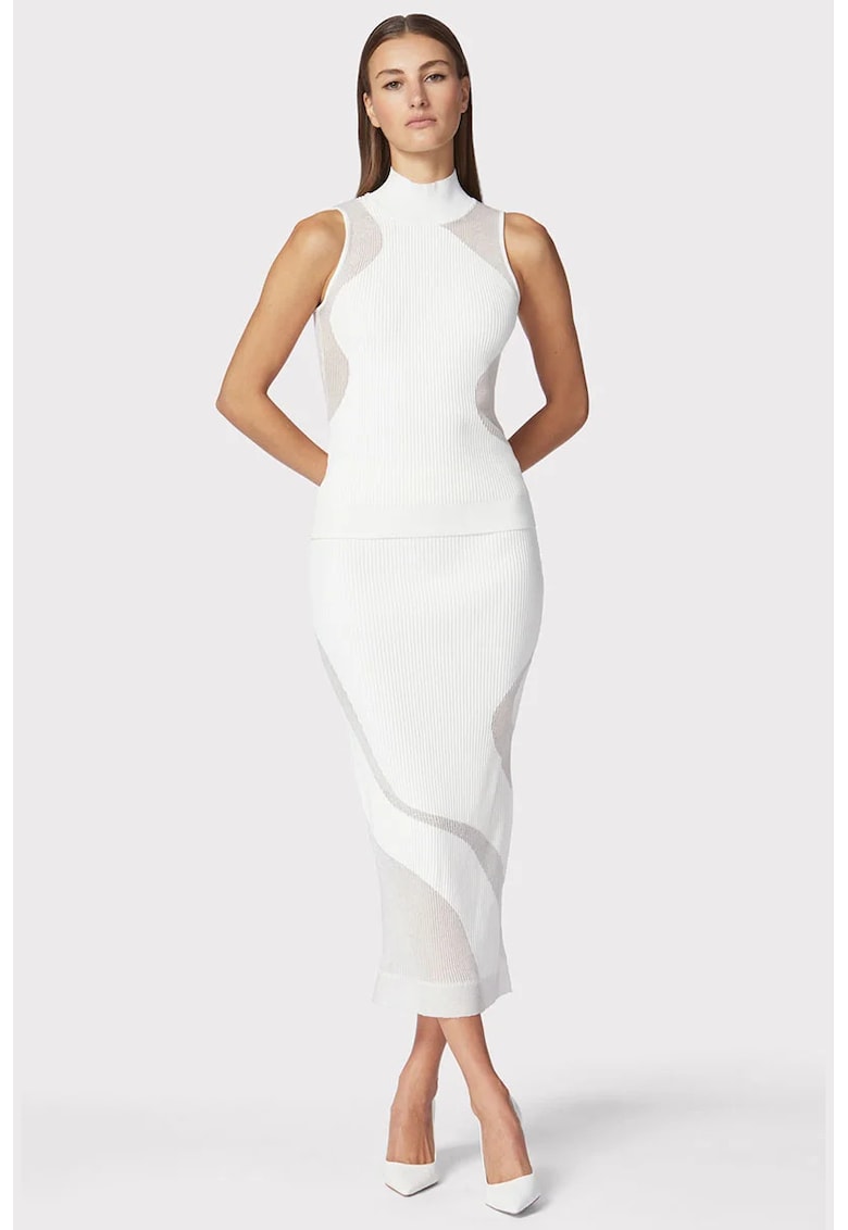 Fusta midi din tricot elastic cu talie inalta - prevazuta cu detalii transparente