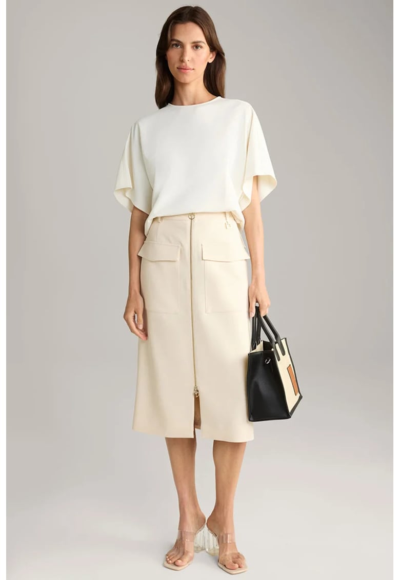 Fusta midi cu fermoar frontal reglabil si buzunare frontale - Bej