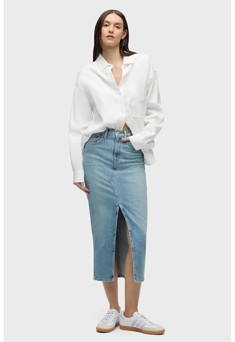 Fusta midi - din denim cu decupaj frontal - Albastru