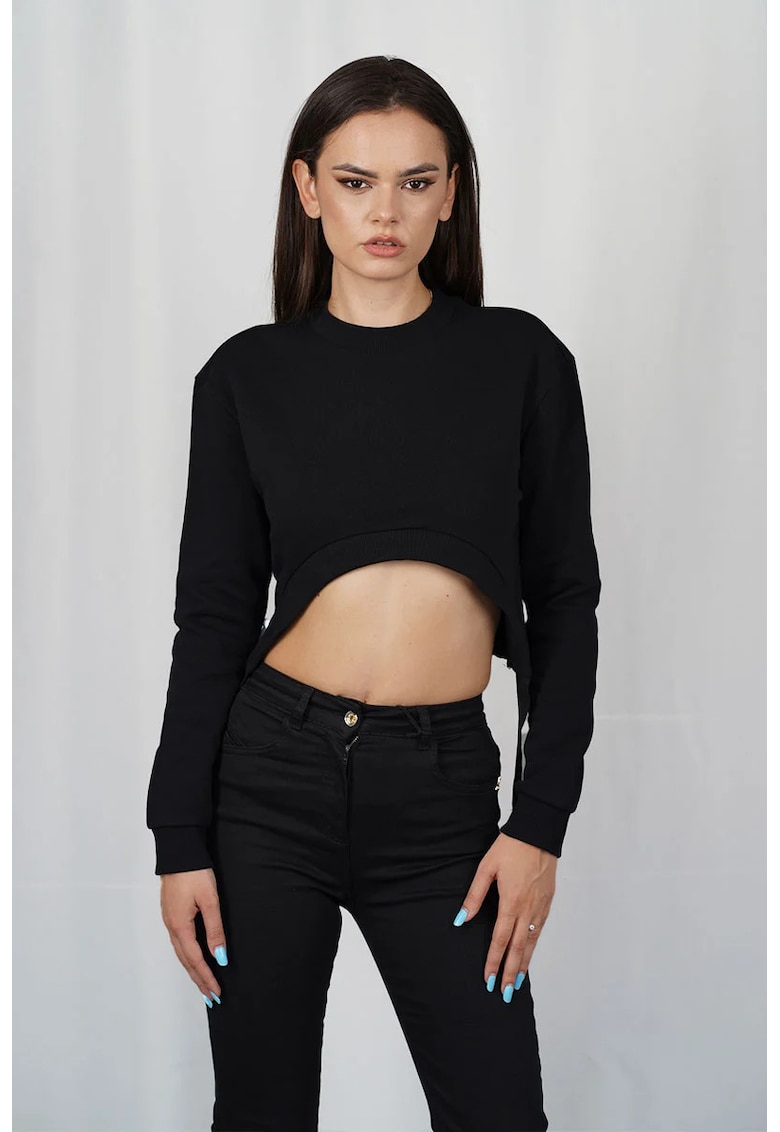 Hanorac crop - cu maneca lunga si decupat in talie - Negru