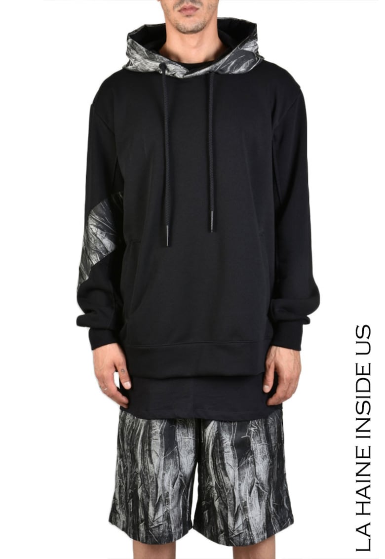 Hanorac supradimensionat cu imprimeu minimalist pe gluga si maneci - Negru