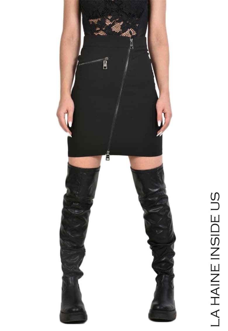 Fustă mini strech cu fermoar pe față - Negru