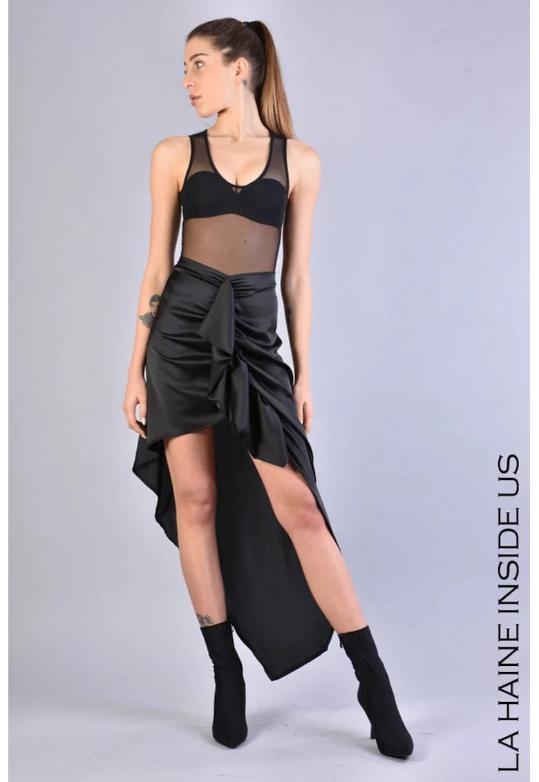Fusta asimetrica cu detaliu frontal drapat - Negru