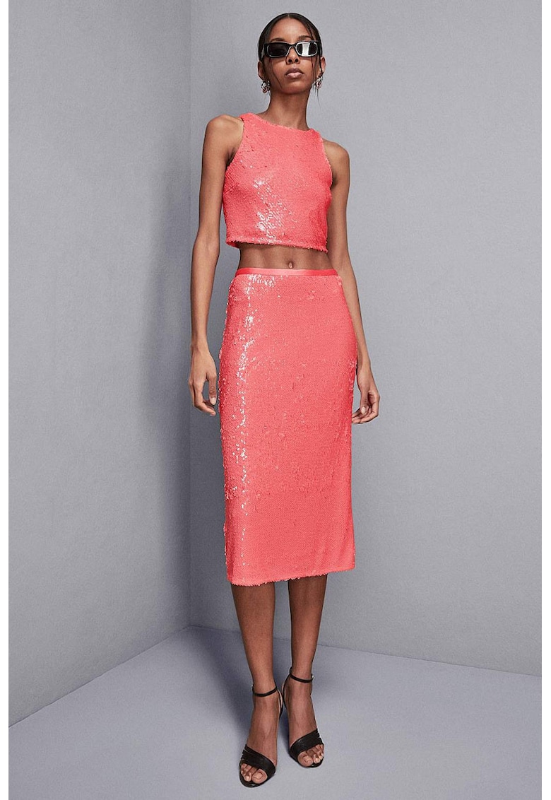 Fusta de lungime medie cu paiete - Coral