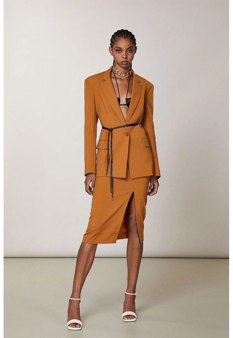 Fusta midi din crep - cu talie inalta si slit frontal