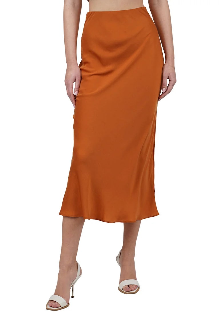 Fusta cu croiala A-line - cu aspect satinat - Maro